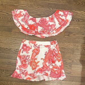Paisley Print Women's Set Skirt & Top Pink and White